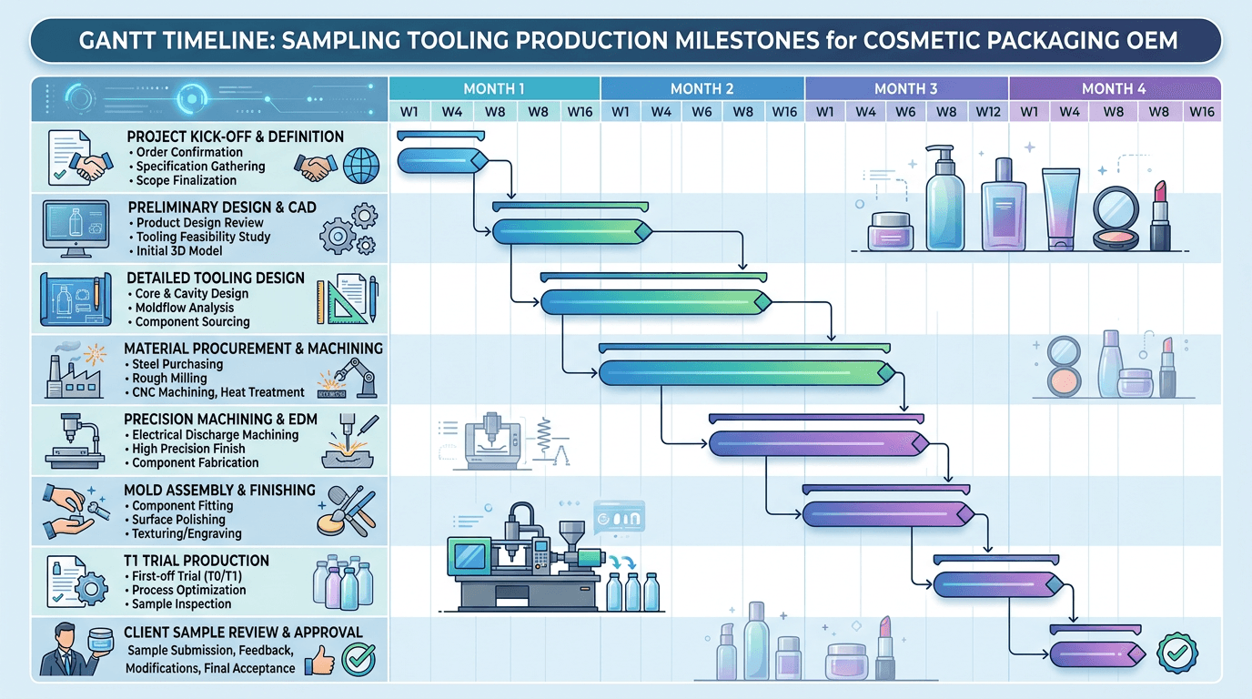 Timeline graphic for milestones, samples, AQL, and bridge quantities in OEM contracts.