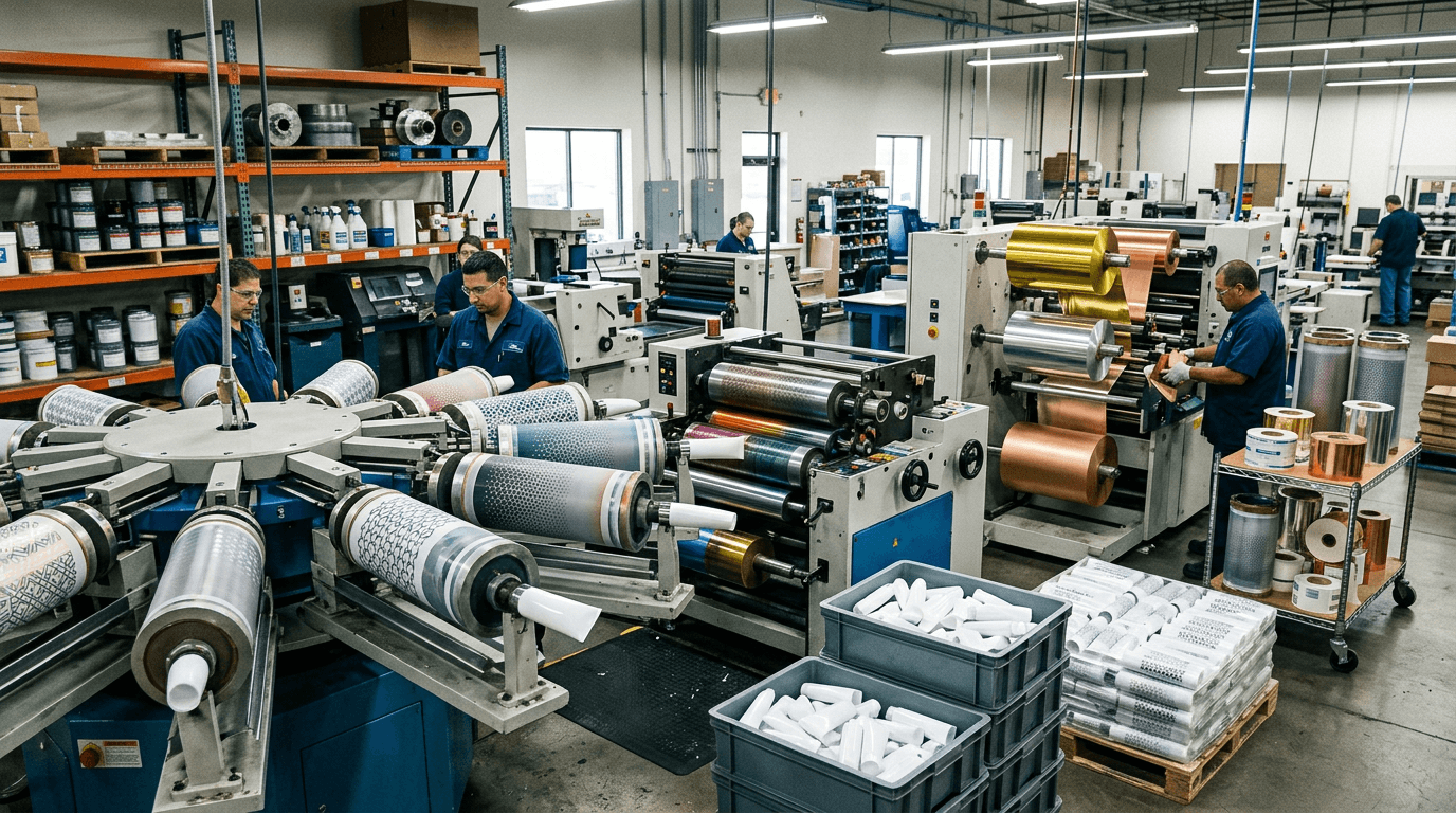 Production tools for offset, screen, and hot foil decoration on tubular packaging.