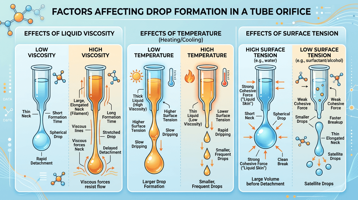 Schematic of viscosity and temperature effects on dropper-tip performance.