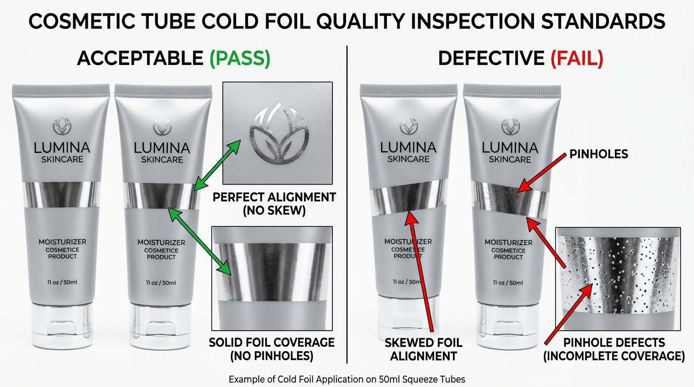 Quality comparison of acceptable foil registration versus defective skew and pinholes.