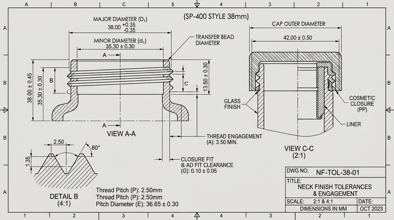 Engineering drawing excerpt for neck finish dimensions and engagement length.