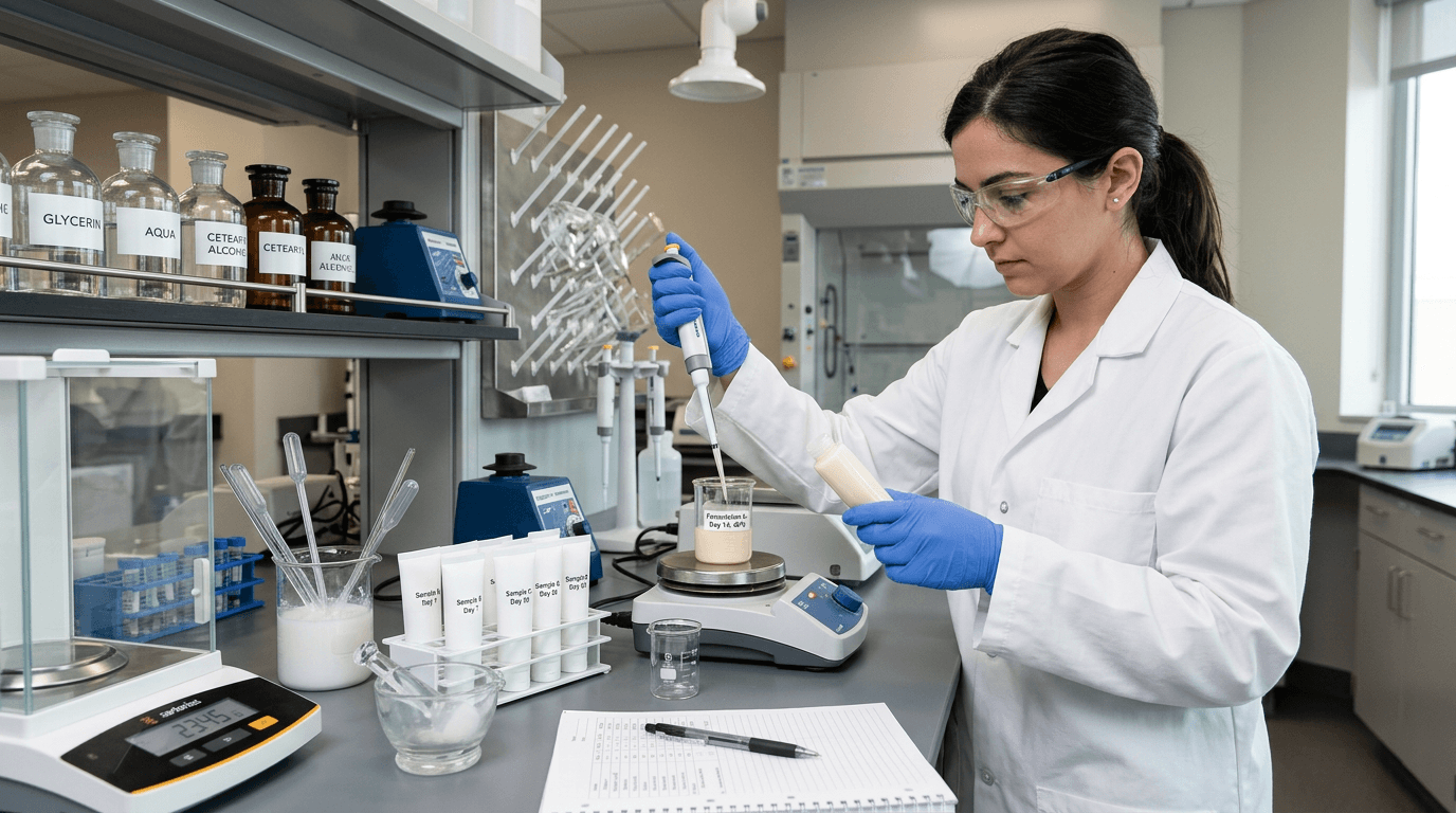 Cosmetic formula compatibility testing alongside PCR tube samples.