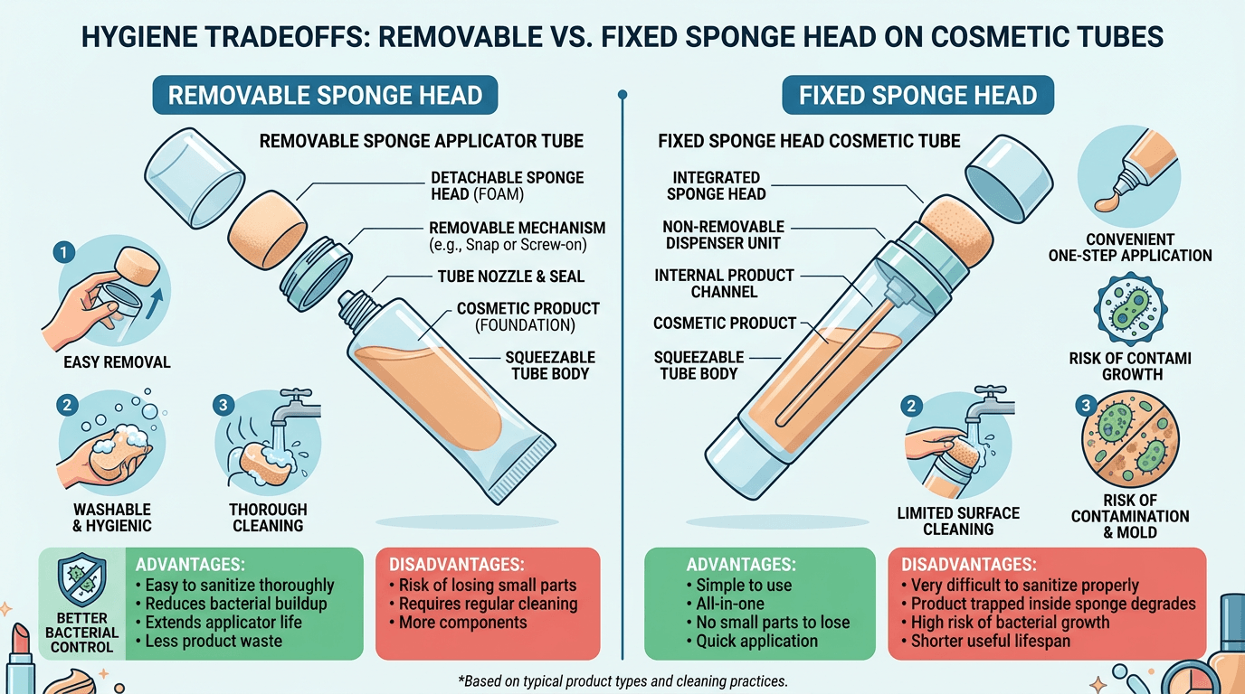 Diagram comparing removable sponge heads versus fixed tips for refill stories.